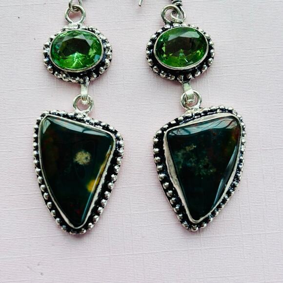 925 Sterling Bloodstone & Peridot  Dangle Earrings - Picture 6 of 6